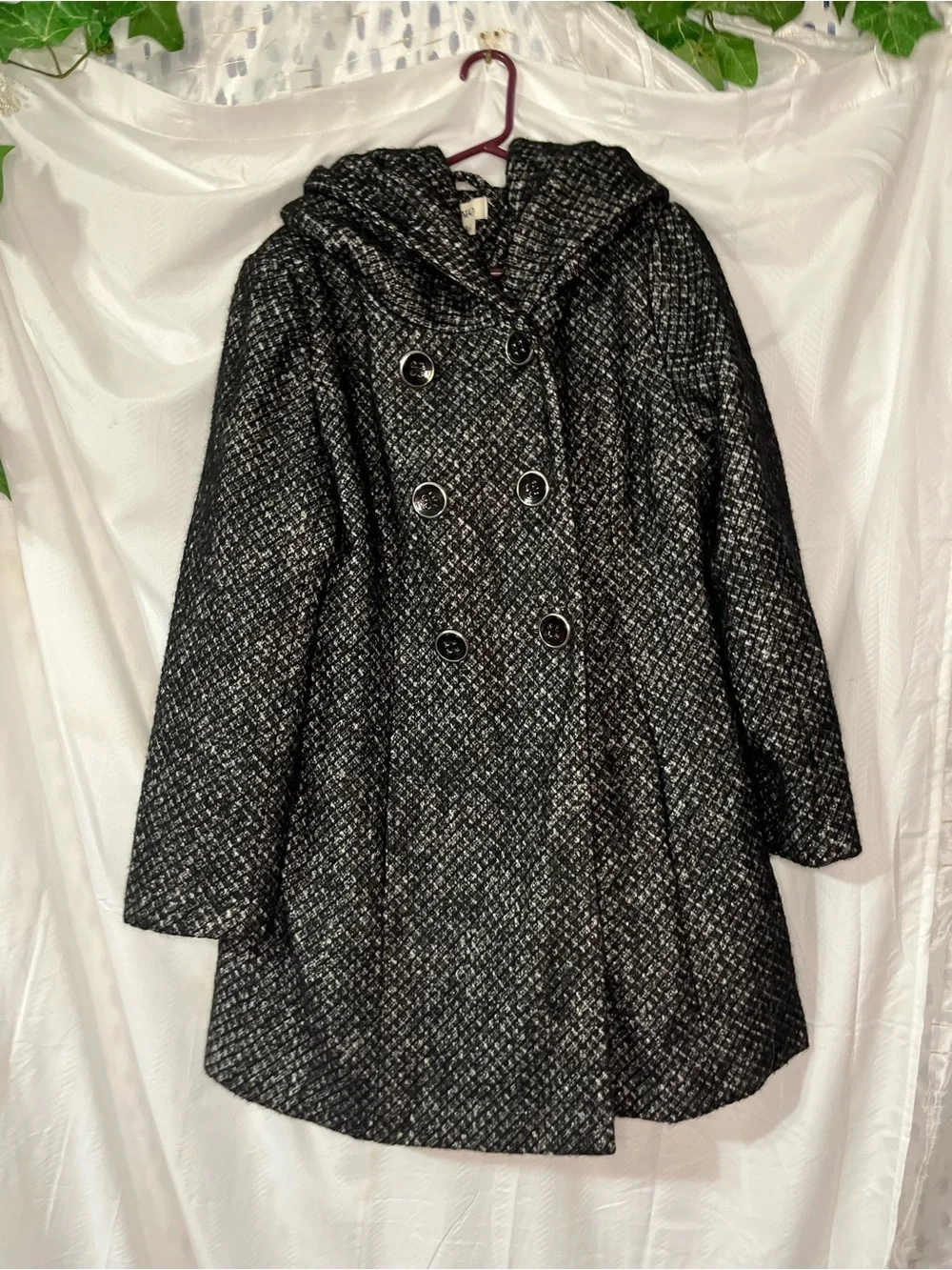 Womens Black Tweed Double-Breasted Hooded Coat 45% Wool Winter Size M